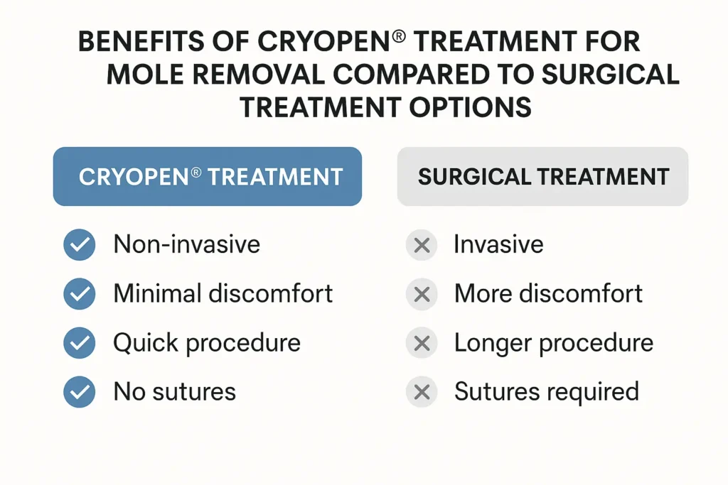 Table to show the benefits of getting moles removed Ashbourne from LA LIPO